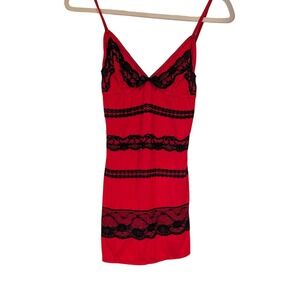 Frederick's of Hollywood Red Lace Trim‎ V Neck Babydoll Chemise Lingerie Dress